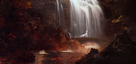 2560x1213 Fantasy Girl Waterfall Fantasy Art Wallpaper