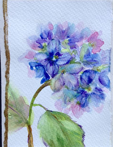 A Watercolor Painting Of Blue Flowers With Green Leaves