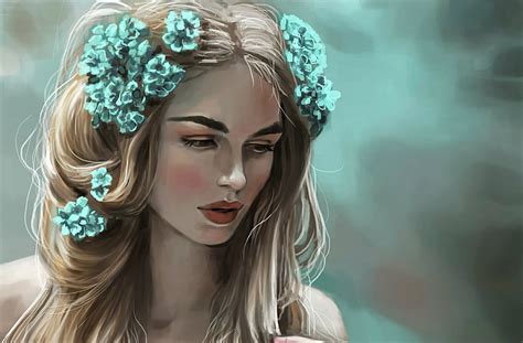 Hd Wallpaper Artistic Blonde Flower Girl Painting Sad Woman