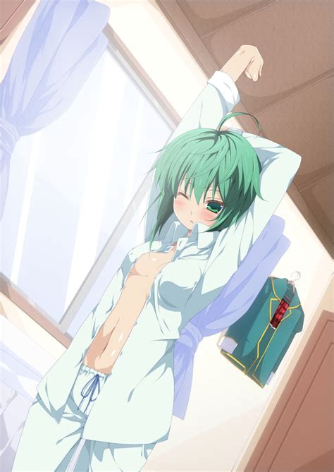 Anime Picture Search Engine Absurdres Ahoge Dress Shirt Green Eyes Green Hair Highres Navel