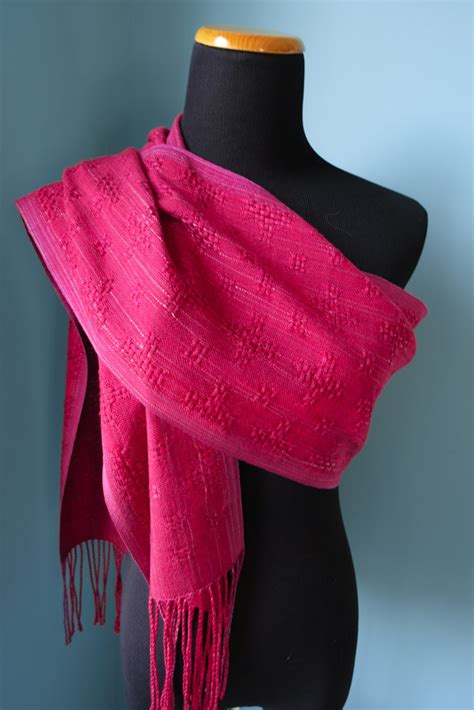 Huck Lace Tencel And Silk Scarf Cranberry Weft Handwoven