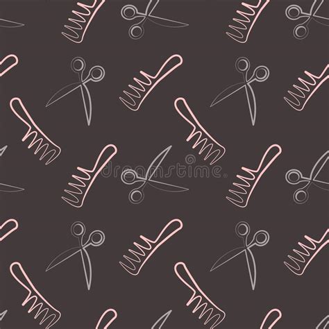 Vector Seamless Pattern With Scissors And Combs On Dark Gray Background