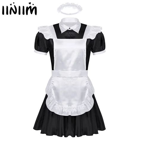 Mens Sexy Sissy Maid Fancy Cosplay Costume Outfit Turn Down Collar Puff