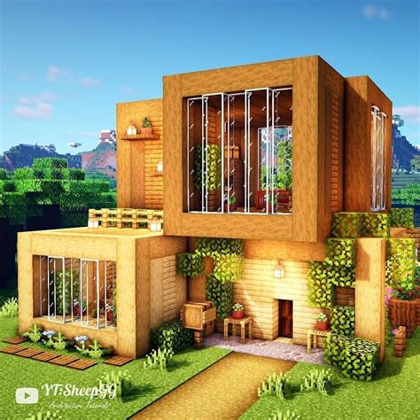 Lets Build A Wooden Modern House By Sheepggmc Minecraft House Plans