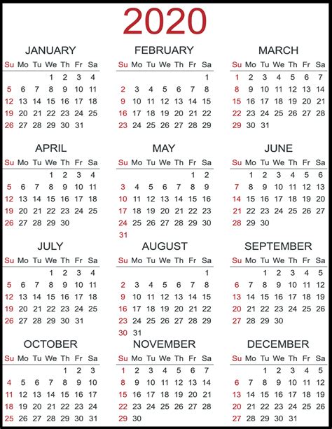 2020 12 Month Single File Calendar Printable Free Example Calendar