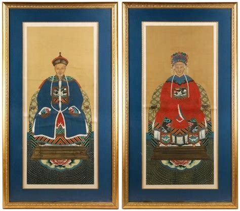 Pair Large Chinese Ancestral Portraits On Silk Chinese Art Art