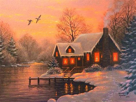 Winter Cottage Cottage Painting River Sunset Winter Hd Wallpaper