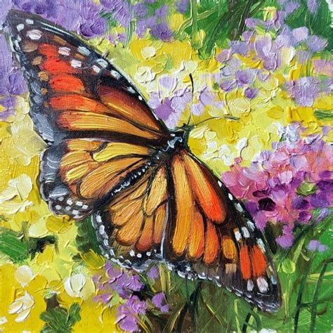 Monarch Butterfly Art Oil Painting Original 4x4 Yellow Oil Painting