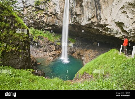 Switzerland Canton Glaris Waterfall Berglistüber Lookout Man Stock