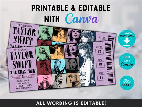 Editable Swift Eras Tour Ticket Template Concert Surprise - Etsy