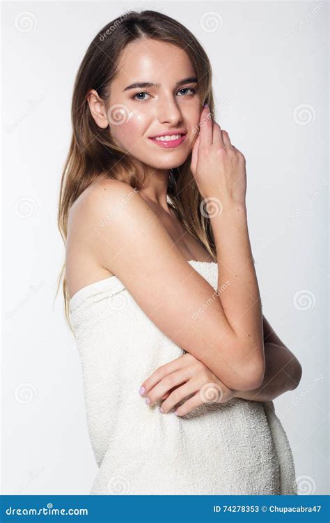 Girl In Towel After Shower With Moisturizing Cream Stock Image Image Of Beauty Care 74278353