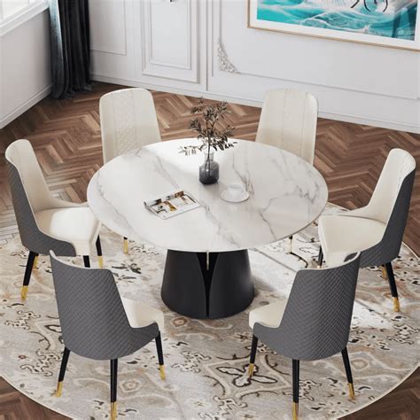 Modern Round Dining Table White Sintered Stone Tabletop Dining Room