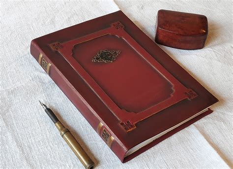 leather journal - large burgundy notebook - hand tooled and painted ...