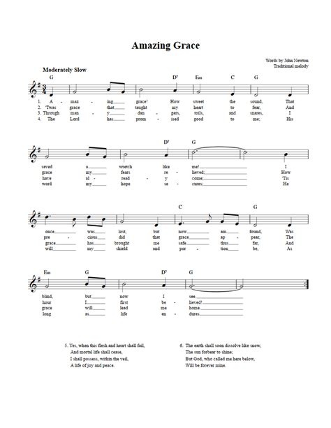 Amazing Grace Chords Lyrics And Sheet Music For C Instruments