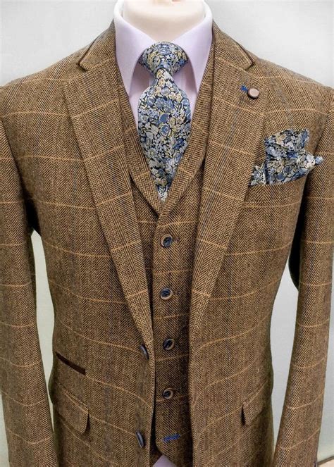 Nice Awesome Mens Designer Brown Check Tailored Fit 3 Piece Tweed Suit