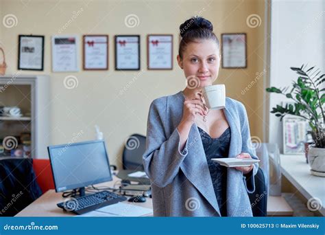 Provocative Business Woman Drink Coffee At Office Stock Image Image