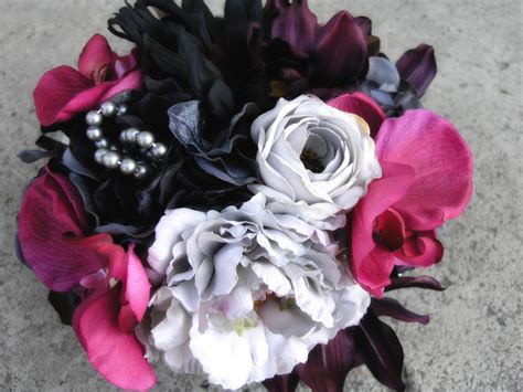 Pink silk bridal wedding bouquets, pink silk rose collection. Hot Pink Wedding Bouquet Gray Black Wedding Flowers Set on ...