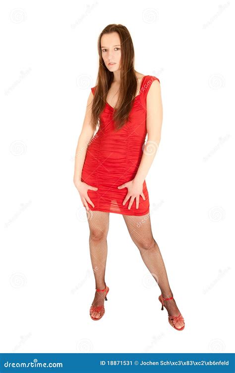 Ritratto Di Giovane Donna Sexy In Vestito Rosso Immagine Stock