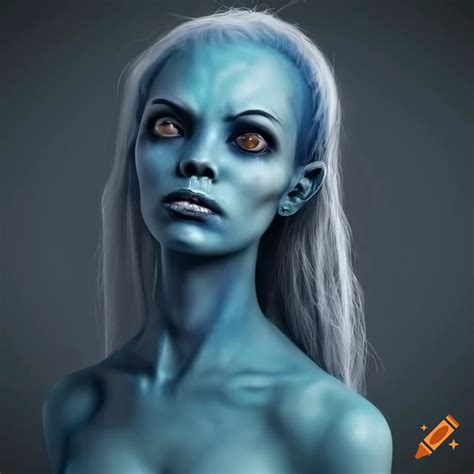 Realistic Photo Of A Blue Skinned Alien Woman With Pointed Ears And