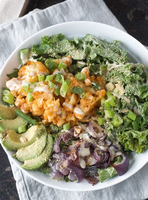 Buffalo Cauliflower Kale Salad With Tahini And Avocado Vegan