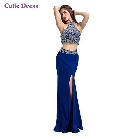 100 Real Pictures Long Sheath 2 Piece Royal Blue Prom Dresses 2016