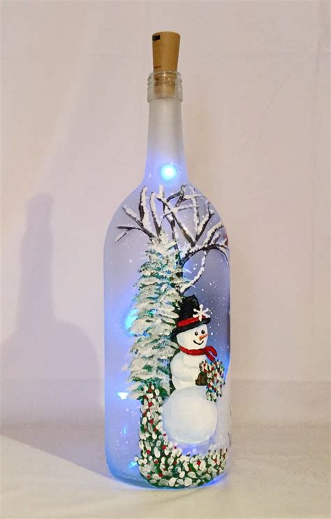 Christmas Lighted Bottle Snowman Painted Wine Bottle Etsy Wine