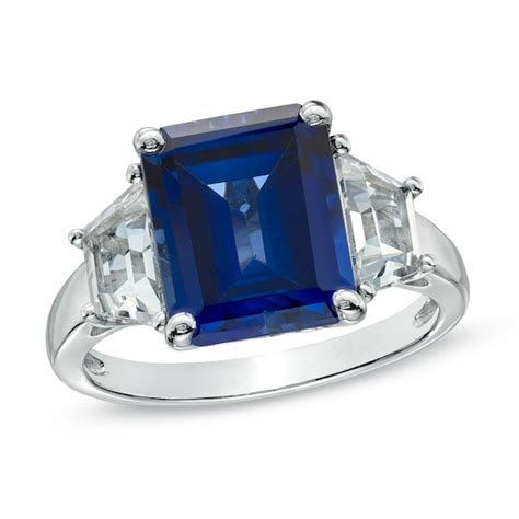 Emerald Cut Lab Created Ceylon And White Sapphire Ring In 10k White