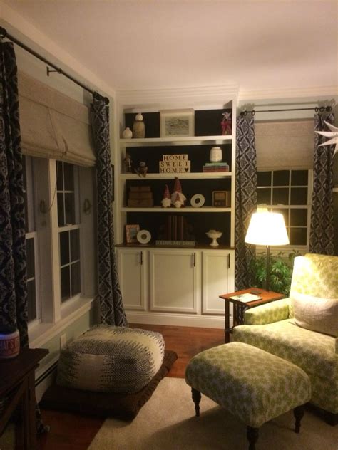 I centered the middle cabinet and placed the left and right cabinets 24 apart, leaving a generous opening for a desk chair. Built in bookcase using upper kitchen cabinets | Upper ...