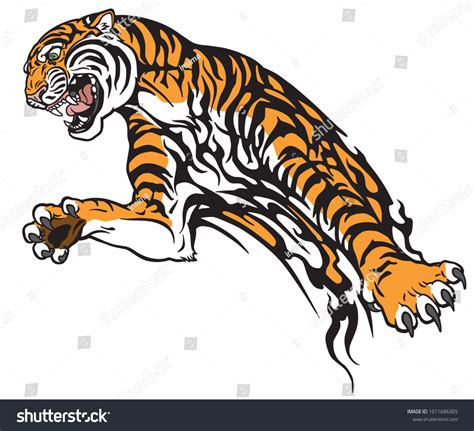 Tiger Jump Aggressive Big Cat Tattoo Vetor Stock Livre De Direitos