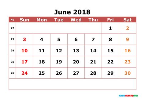June 2018 Calendar Printable With Week Numbers Image