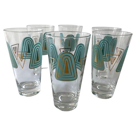 Drink And Barware Hollywood Regency Tall Drinking Glasses Aqua And Gold Modern Design 4 Vintage