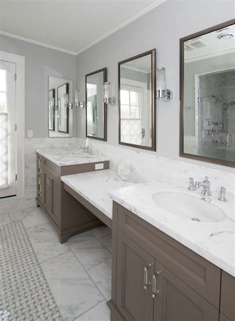 White surface of modern interior design with mezzanine in an apartment. Taupe Vanity - Transitional - bathroom - KItchen Lab ...