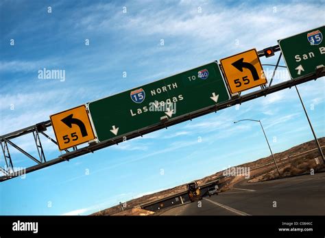 A Road Sign For Las Vegas On The 15 Freeway In California Usa Stock