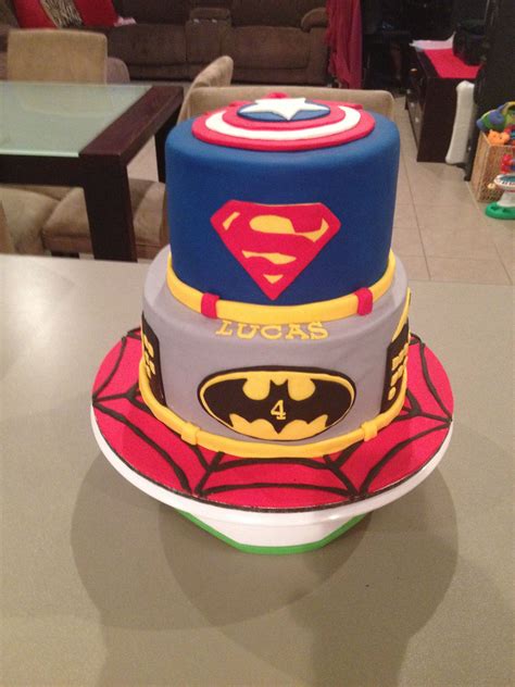 Superhero Cake Spider Man Board Batman Layer Superman Layer Then Captain America On The Top