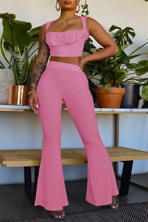 Pink Sexy Solid Split Joint Spaghetti Strap Sleeveless Two Piecestwo Piecesknowfashionstyle