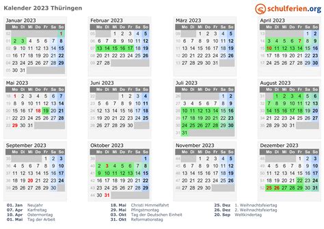 Kalender 2023 Ferien Thüringen Feiertage
