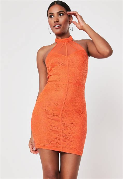 Orange Lace Halter Mesh Bodycon Mini Dress Missguided