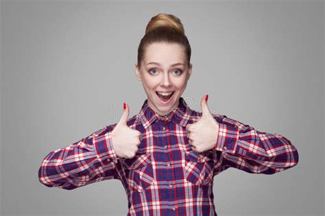 Satisfied Beautiful Girl With Pink Checkered Shirt Collected Bu Stock Image Image Of Blonde