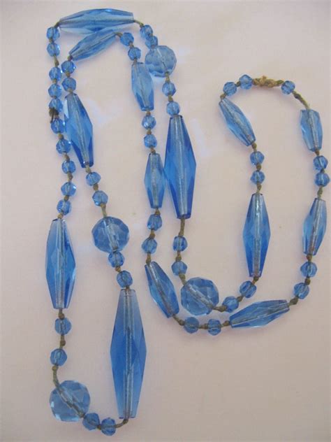 Vintage Art Deco Flapper Pale Blue Glass Bead Necklace Glass Bead