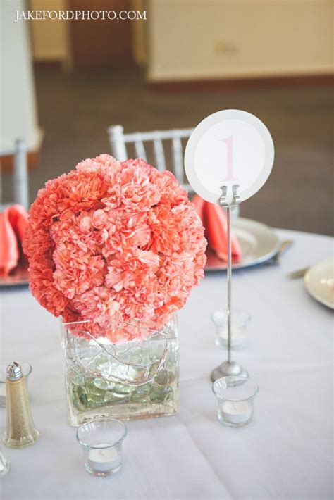 Coral Carnation Ball Centerpiece Modern Coral And Gray Wedding