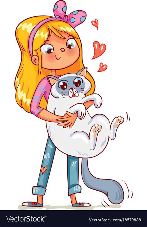 Girl Hugging The Kitten Funny Cartoon Character Vector Image