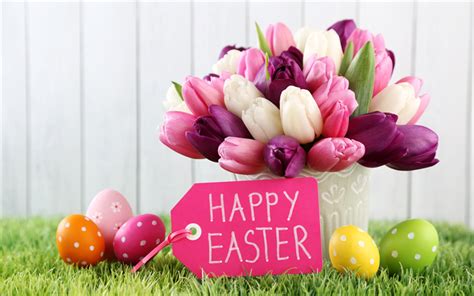 Download Wallpapers 4k Happy Easter Tulips Easter Eggs Easter