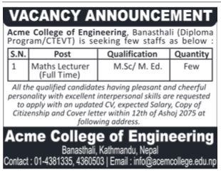 Please mention the job title you are applying in the email subject line when applying. Acme College of Engineering Vacancy for Maths Lecturer 2018