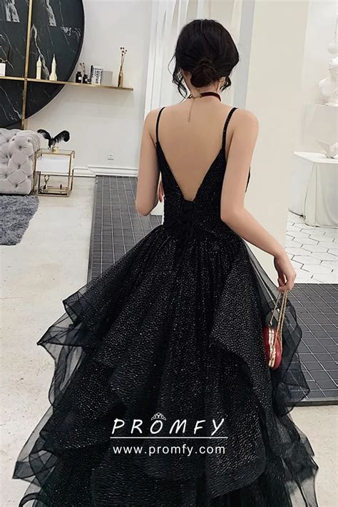 Modern Black Glitter V Neck Ruffled Skirt Prom Gown Promfy