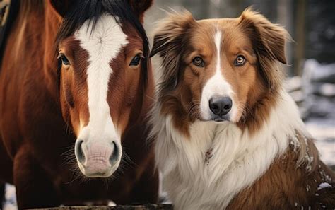 Premium Ai Image Draft Horse And Red Border Collie Dog Generative Ai