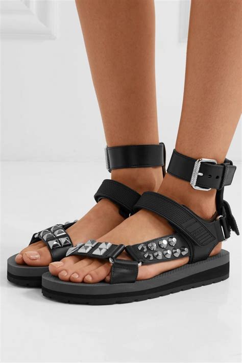 Black Womens Prada Flat Shoes Studded Leather Sandals Black ⋆ Tippi