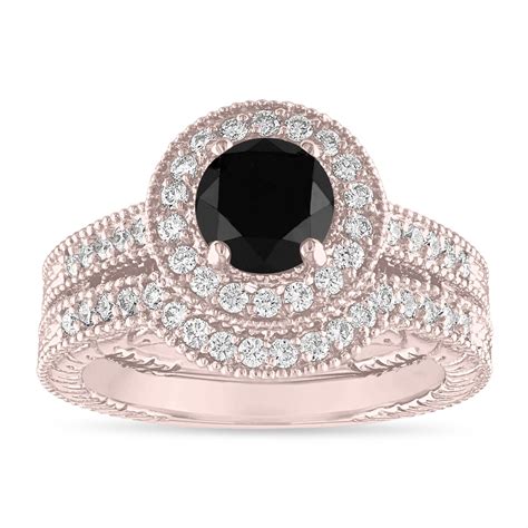 Black Diamond Engagement Ring Set Wedding Rings Sets 14k Rose Gold