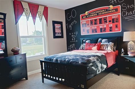 Boys Sports Themed Bedroom With Scoreboard And Chalkboard Wall