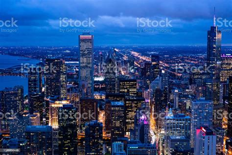 City Skyline Aerial Night View In Chicago America Stock Photo
