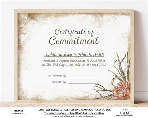 Editable Commitment Ceremony Certificate Template Printable Certificate Of Commitment Wedding